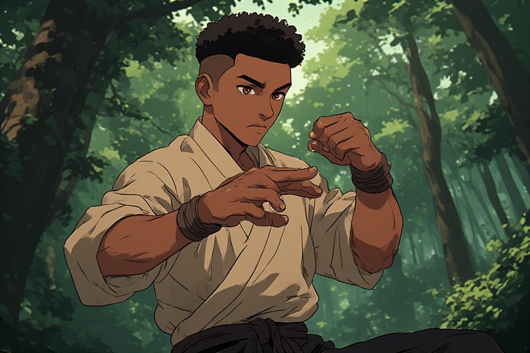 Black Martial Artist practicing his stance in a forest.