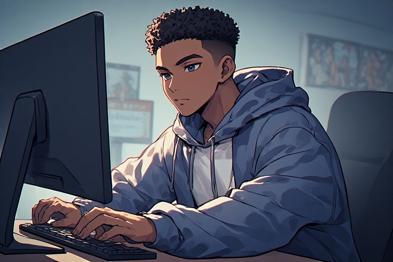 Black man typing at a computer.
