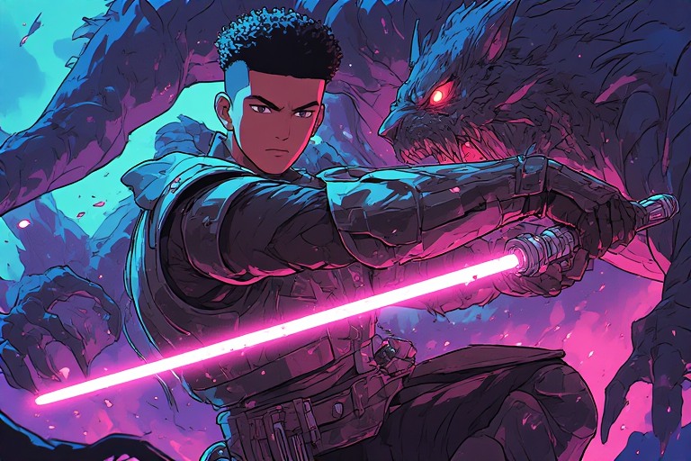Armored hero with a light saber sword.