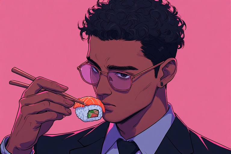 A Japanese man is enjoying sashimi, a well known Japanese delicacy.