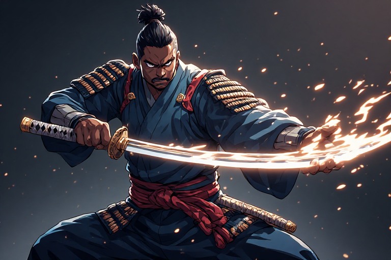 A Samurai wields his sword channeling his inner fire.